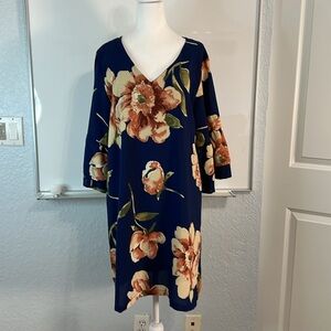 Belongsci Dress Navy Brown Floral Lined Bell sleeve. Large